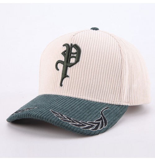 Custom Two Tone Mens Women Baseball Hat 5 Panel Embroidery Logo Green Corduroy Baseball Cap